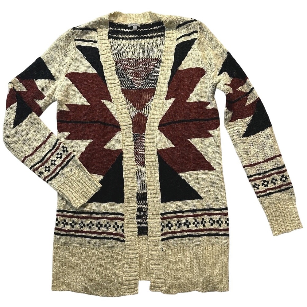 Aztec Open Front Knit Tunic Southwestern Sweater S M Beige Red Black Y2K Boho